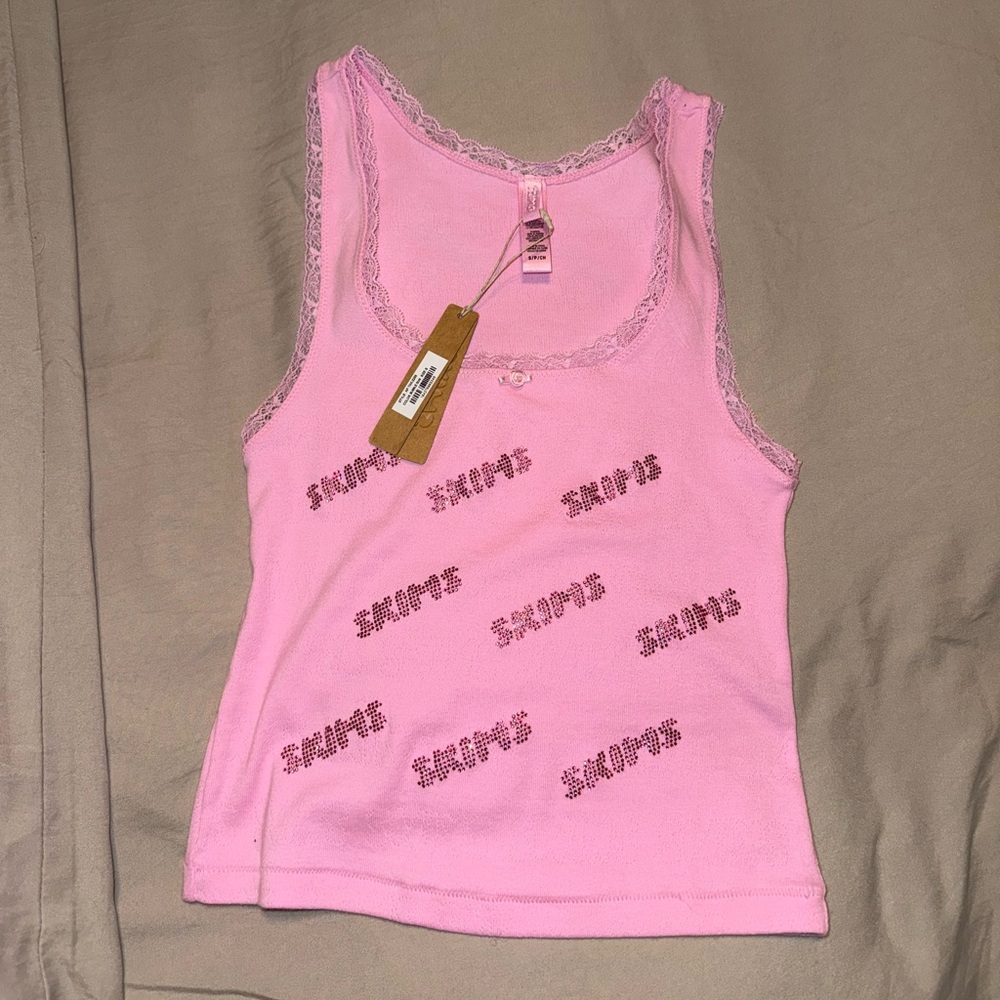 Skims Pointelle Pink Lace Trim Rhinestone Tank Top